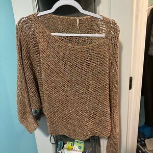Free People Tan Open-Knit Off-the-Shoulder Sweater